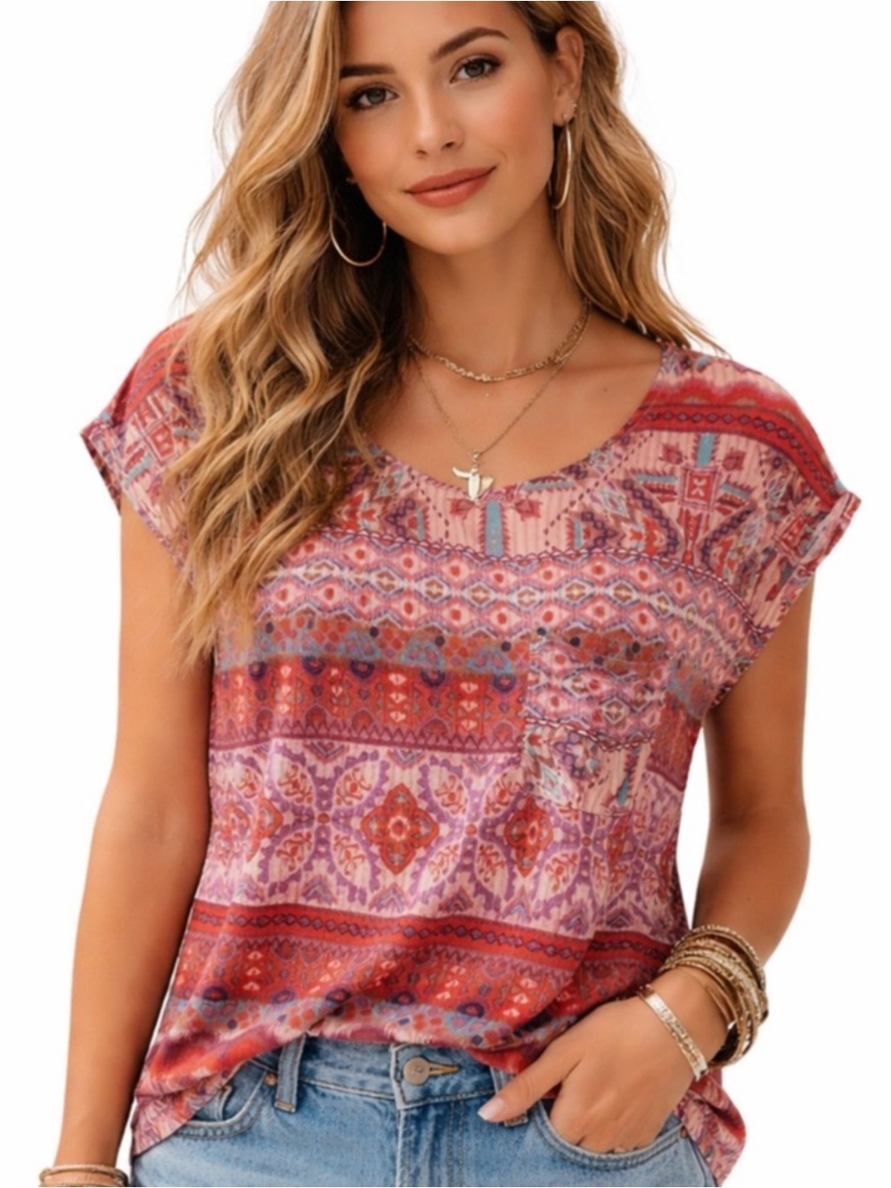 FOREVER 21 RUST TAUPE GLOBAL ETHNIC PRINT T-SHIRT L